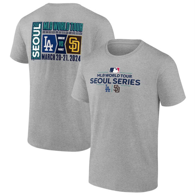 Men's San Diego Padres vs. Los Angeles Dodgers Heather Gray 2024 World Tour Seoul Series Matchup T-Shirt